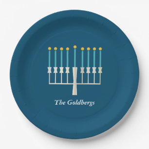 Hanukkah Menorah in Blue Custom Family Name Paper Plate