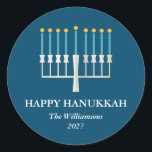 Hanukkah Menorah in Blue Personalised Classic Round Sticker<br><div class="desc">Simple Hanukkah greeting with a lit menorah illustration in blue. All text can be customised so you can use your preferred Hanukkah spelling.</div>