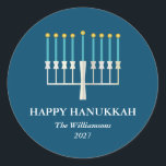 Hanukkah Menorah in Blue Personalised Classic Round Sticker<br><div class="desc">Simple Hanukkah greeting with a lit menorah illustration in blue. All text can be customised so you can use your preferred Hanukkah spelling.</div>