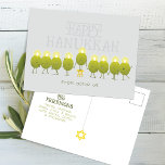 Hanukkah Menorah Olives, Grey Group Postcard<br><div class="desc">Celebrate the Festival of Lights with some fun! This festive greeting card showcases a group of happy olive characters who join forces (and flames!) to create a menorah — complete with the playful message “Happy Hanukkah from olive us.” It’s a cute way to send warm wishes from a family, circle...</div>