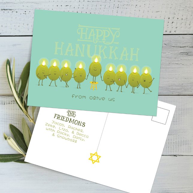 Hanukkah Menorah Olives, Teal Green Group Postcard (Creator Uploaded)