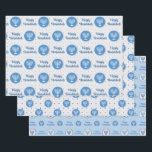 Hanukkah Menorah Polka Dots Blue and Gray Wrapping Paper Sheet<br><div class="desc">Here we have a lovely wrapping paper sheet set perfect for the holiday season. The first sheet features a sky blue circle with a menorah on it, and the words Happy Hanukkah in blue on a multiple blue and gray polka dot patterned background. The second sheet features a sky blue...</div>