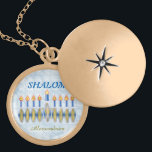 Hanukkah Menorah Shalom Customisable Name Gold Plated Necklace<br><div class="desc">A lovely present for Chanukah is this gold-finished locket with a name that is easily customised for the recipient. An elegant menorah has all nine candles alight; in the flames are the Hebrew characters for "Shalom, " barely perceptible but definitely there. Above, the same word appears, transliterated, in stylised blue...</div>