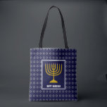 HANUKKAH Menorah Star David Personalised Navy Blue Tote Bag<br><div class="desc">Stylish festive all over print navy blue TOTE BAG with faux silver Star of David in subtle background pattern. Placeholder text is customisable so you can change HAPPY HANUKKAH to a greeting of your own choice (text of similar length), your name or text in your own language. Part of the...</div>