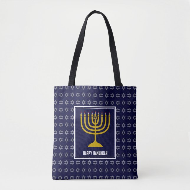 HANUKKAH Menorah Star David Personalised Navy Blue Tote Bag (Front)
