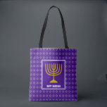 HANUKKAH Menorah Star David Personalised Purple Tote Bag<br><div class="desc">Stylish festive all over print purple TOTE BAG with faux silver Star of David in subtle background pattern. Placeholder text is customisable so you can change HAPPY HANUKKAH to a greeting of your own choice (text of similar length), your name or text in your own language. Part of the HANUKKAH...</div>
