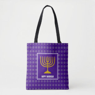 HANUKKAH Menorah Star David Personalised Purple Tote Bag