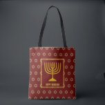HANUKKAH Menorah Star David Personalised RED Tote Bag<br><div class="desc">Stylish festive all over print TOTE BAG with faux gold Star of David in subtle background pattern. Placeholder text is customisable so you can change HAPPY HANUKKAH to a greeting of your own choice (text of similar length), your name or text in your own language. Part of the HANUKKAH Collection....</div>