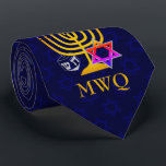 HANUKKAH Menorah Star of David MONOGRAM Tie<br><div class="desc">Elegant,  stylish midnight blue HANUKKAH Neck Tie,  designed with faux gold menorah,  colourful Star of David and silver coloured dreidel plus CUSTOMIZABLE MONOGRAM. There is a subtle tiled pattern of the Star of David in the background. Available in mid blue with optional monogram.</div>