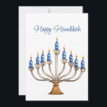 Hanukkah Menorah with Blue, White Burning Candles<br><div class="desc">Watercolor menorah with blue and white burning candles.  Happy Hanukkah greeting and sentiment on back can be changed.   AI assisted graphic purchased with commercial use.  Artwork:  CosmicMeta</div>