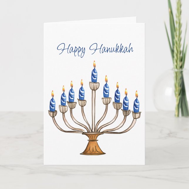 Hanukkah Menorah with Blue, White Burning Candles  Card (Front)