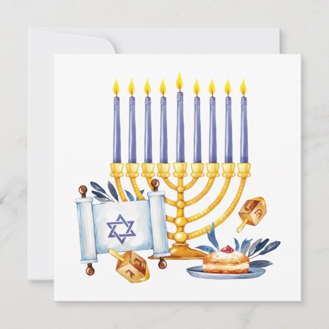 Hanukkah Menorah with Candles and Traditional Item Card (Front)