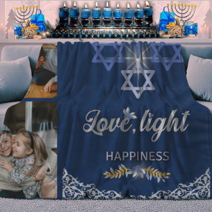Hanukkah Miracle Navy Blue Beautiful Family Photo Sherpa Blanket