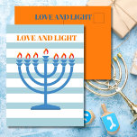 Hanukkah Modern Menorah Blue  Greeting Card<br><div class="desc">Change up your Hanukkah wishes with this modern striped Menorah design. Still using the traditional seasonal colours. The blue Menorrah has orange flames. Blues and oranges. There is room for your holiday message on the back with the word 'Love and light' able to be deleted if your do not want...</div>