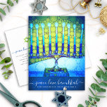 Hanukkah Modern Script Blue Green Menorah Stylish Holiday Postcard<br><div class="desc">“Peace, Love, Hanukkah”. A close-up photo illustration of a bright, colourful, blue green artsy menorah on a textured navy blue background helps you usher in the holiday of Hanukkah. Feel the warmth and joy of the holiday season whenever you send this stunning, colourful Hanukkah greeting postcard. Matching envelopes, stickers, tote...</div>