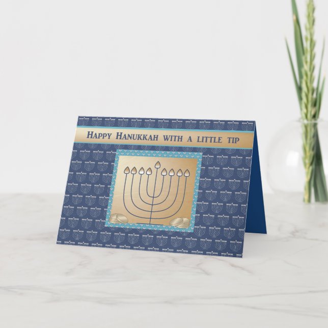 Hanukkah Money enclosed, Menorah with gold coins. Holiday Card (Front)