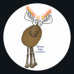 Hanukkah moose! classic round sticker<br><div class="desc">This little cartoon moose Menorah is wishing you a Moosed Happy Hanukkah!</div>