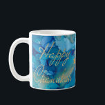 Hanukkah Mug Colourful Golds/Blues Design<br><div class="desc">Colourfully Fun Hanukkah mug. "Colourful, Gold/Blues Design" Chanukah Mug. Personalise by deleting text, "Dear Bubbie, We love you! Dana, Sarah and Daniel" and adding your own message. Use your favourite font style, colour, and size. Design element, "Happy Chanukah" can be moved, resized and deleted. Design element of 3 stars can...</div>