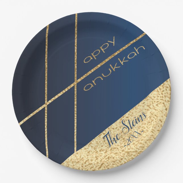 Hanukkah Navy and Gold Paper Plates  (Front)
