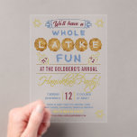 Hanukkah Party Funny | Whole Latke Fun Acrylic Invitations<br><div class="desc">These acrylic Hanukkah party invitations feature the humourous phrase, "We'll have a whole latke fun." They include drawings of dreidels, menorahs and more embellishments. The colour palette is grey-blue, marsala red, gold and brown on the clear acrylic invite. Throw a fun Hanukkah party with these unique invites! Use the easy...</div>