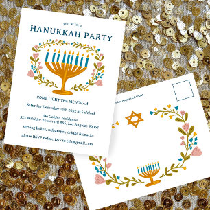 HANUKKAH PARTY Invitation floral wreath CUSTOM Postcard