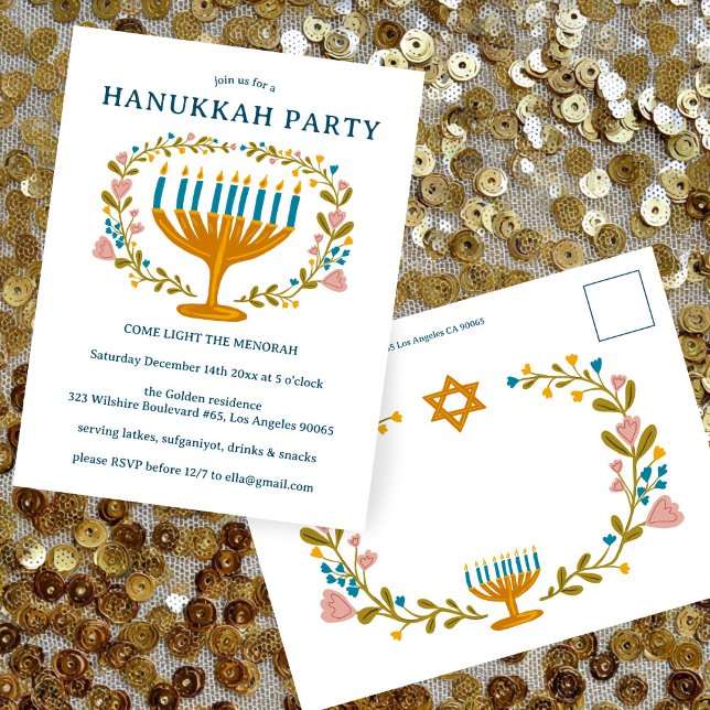 HANUKKAH PARTY Invitation floral wreath CUSTOM Postcard (HANUKKAH PARTY Invitation floral wreath CUSTOM Postcard
)