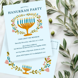 HANUKKAH PARTY Invitation floral wreath CUSTOM Postcard