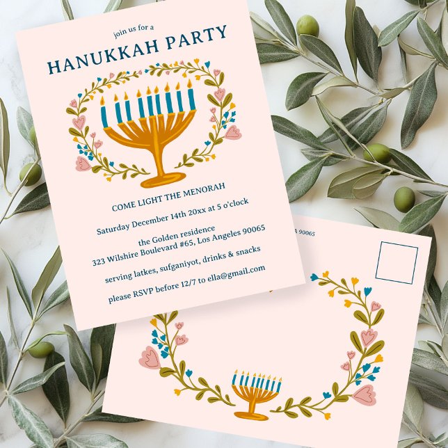 HANUKKAH PARTY Invitation floral wreath CUSTOM Postcard (HANUKKAH PARTY Invitation floral wreath CUSTOM Postcard Invite
)