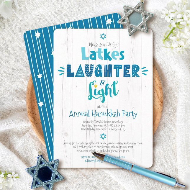 Hanukkah Party Latke Laughter Light Rustic Modern Invitation (Creator Uploaded)