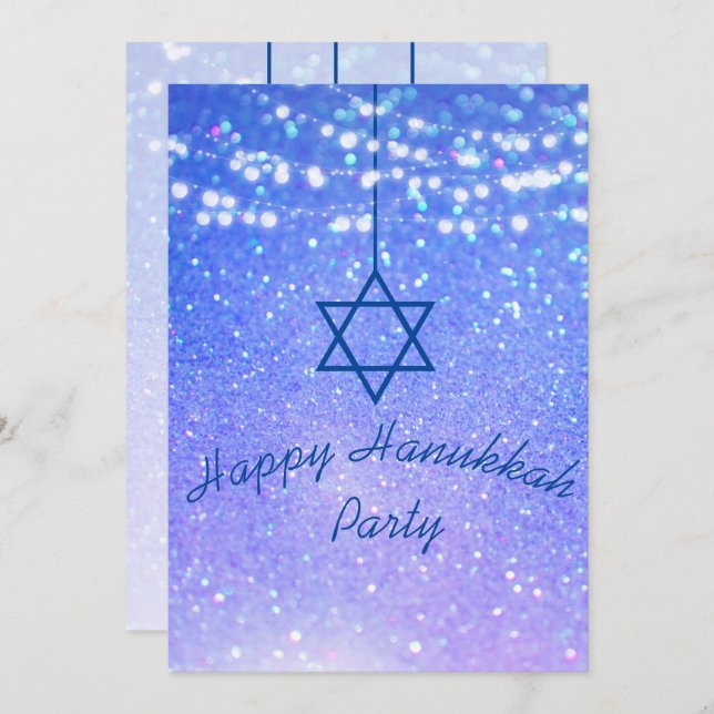 Hanukkah Party Lights Glitter Blue Star  David Invitation (Front/Back)