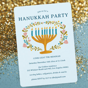 HANUKKAH PARTY Menorah floral wreath CUSTOM Invitation