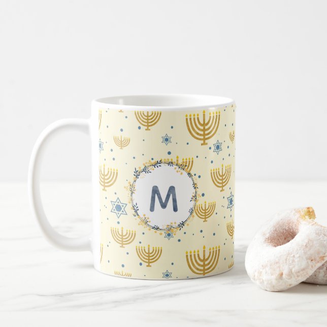 Hanukkah Pattern + Navy Blue Watercolor Monogram Coffee Mug (With Donut)
