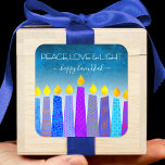 Hanukkah Peace Love Blue Boho Candles Turquoise Square Sticker<br><div class="desc">“Peace, love & light.” A playful, modern, artsy illustration of boho pattern candles helps you usher in the holiday of Hanukkah. Assorted blue candles with colourful faux foil patterns overlay a turquoise gradient to white textured background. Feel the warmth and joy of the holiday season whenever you use this stunning,...</div>