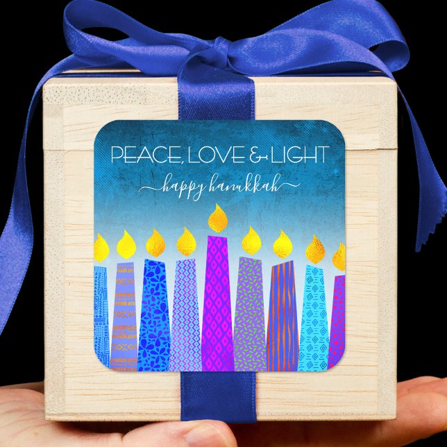 Hanukkah Peace Love Blue Boho Candles Turquoise Square Sticker (Creator Uploaded)