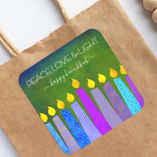 Hanukkah Peace Love Light, Blue Boho Candles Green Square Sticker