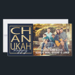Hanukkah Photo Card/envelope Chanukah Happy Gold Holiday Card<br><div class="desc">"Chanukah Happy Gold" glossy, photo card with white envelope. Personalise by replacing photos and wording. Bring in your photo and edit with tools to crop, change filter and so much more. Replace my text "happy" and "Peace and Love, Karen, Ben, Kev, Sam, Steve & Jake" with your own messages. Customise...</div>