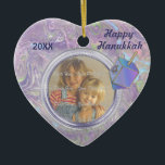 Hanukkah Photo Greetings Ceramic Tree Decoration<br><div class="desc">Ornament features a pretty purple abstract background with Dreidel. Photo area and front text are ready for you to customise. Back of this photo Ornament says Hanukkah Greetings and text is ready for you to add names. Wonderful Hanukkah gift or keepsake idea.</div>