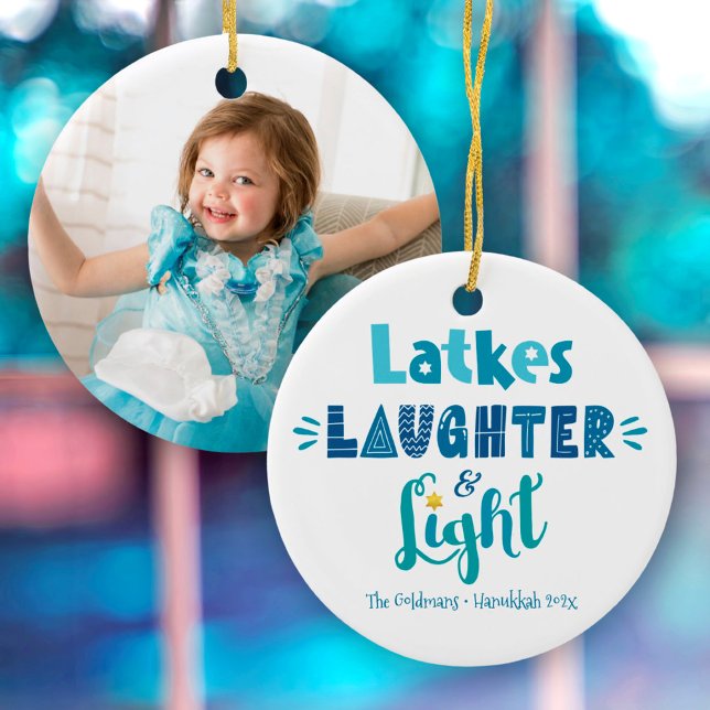 Hanukkah Photo Latkes Laughter Light Fun Modern Ceramic Ornament (Creator Uploaded)