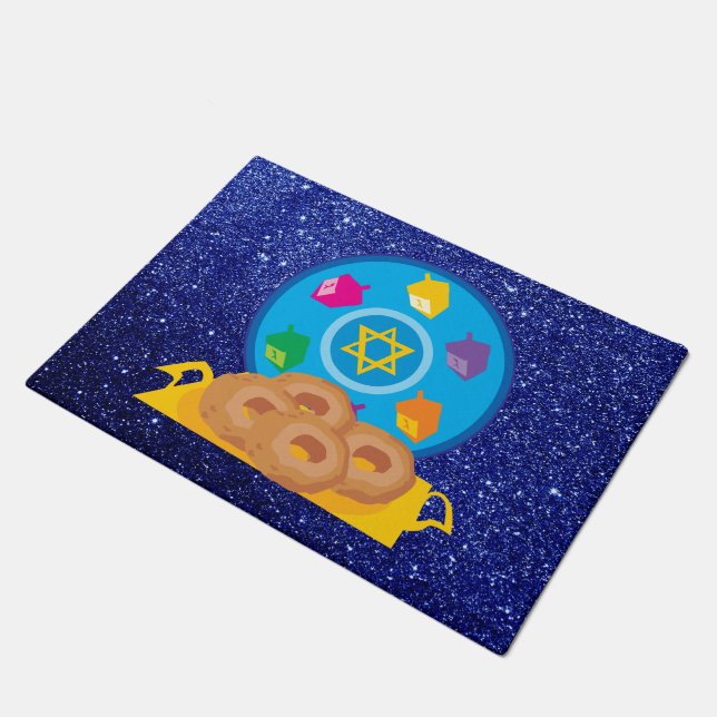 Hanukkah Plate with Dreidels Blue Faux Glitter Doormat (Angled)
