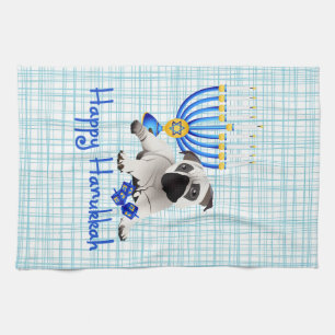 Hanukkah Pug with Menorah and Dreidels Tea Towel