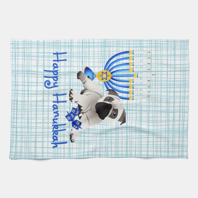 Hanukkah Pug with Menorah and Dreidels Tea Towel (Horizontal)
