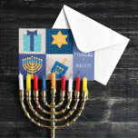 Hanukkah Quilt 8 Magical Nights Hanukkah Card<br><div class="desc">A Menorah,  Star of David,  Dreidel and Gift with a quilt applique look wish friends and family Eight Nights Days of Love,  Light and Prosperity on this charming Hanukkah Card. All fields are customisable. Add your Family's Names for a truly personal Hanukkah greeting or delete to sign by hand!</div>