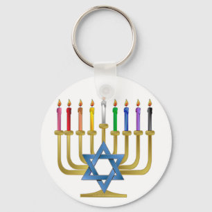 Hanukkah Rainbow Candles Gold Menorah Key Ring