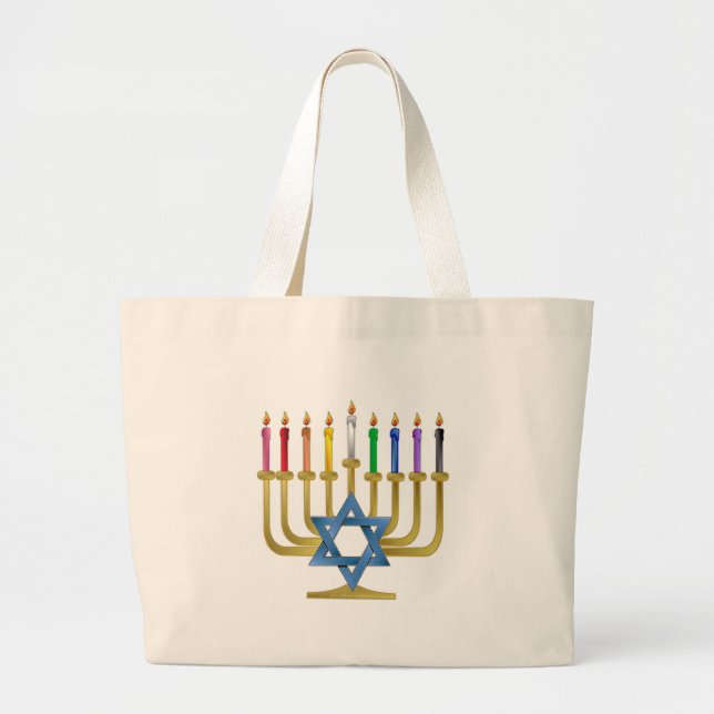 Hanukkah Rainbow Candles Gold Menorah Large Tote Bag (Front)
