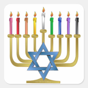 Hanukkah Rainbow Candles Gold Menorah Square Sticker