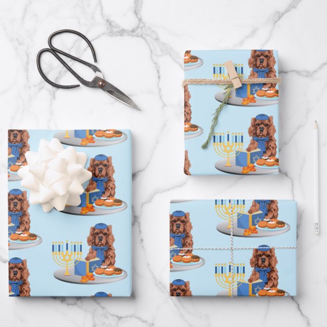 Hanukkah Ruby Cavalier King Charles Spaniel Wrapping Paper Sheet (Front)