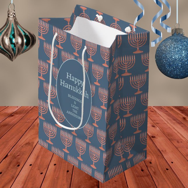 Hanukkah Rustic Menorah Blue Festival Of Lights Medium Gift Bag (Personalized Hanukkah gift bags with rustic faux wood menorahs and your custom text)