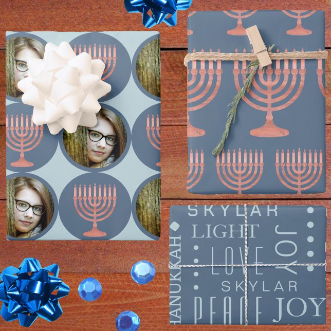 Hanukkah Rustic Menorah Festive Holiday Photo Wrapping Paper Sheet (Add your photo to sheet 1 and the child's name to sheet 3 for personalized Hanukkah wrapping paper)