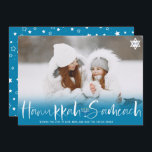 Hanukkah Sameach blue overlay script menorah photo Holiday Card<br><div class="desc">Hanukkah Sameach lighter blue overlay script menorah 1 photo. Happy Hanukkah!</div>