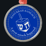 HANUKKAH SAMEACH | Chanukah | Dreidel Metal Ornament<br><div class="desc">Stylish HANUKKAH SAMEACH Ornament with faux silver Star of David in a tiled pattern and a large white dreidel at the centre. The background colour is Cobalt Blue. The text reads HANUKKAH SAMEACH at the top and A GREAT MIRACLE HAPPENED at the bottom. Both are CUSTOMIZABLE if you wish to...</div>